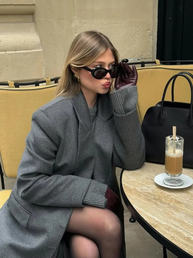 Office Womens Woolen Long Coat Turndown Collar Sleeve Single Button Midlength Outerwear Autumn Lady Overcoats 251028