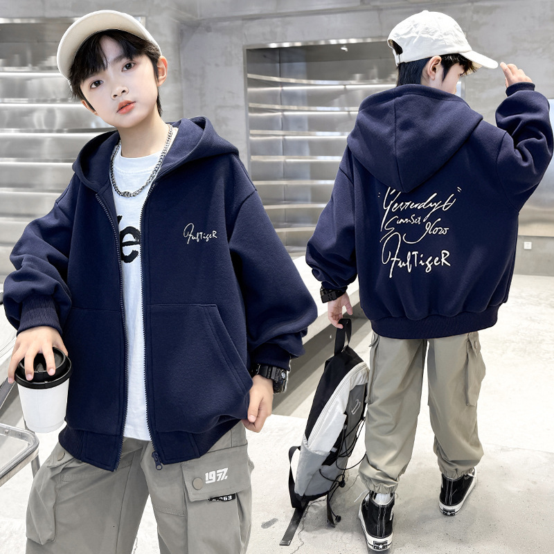 Boys' Jacket Spring and Autumn New Style Designer Big Children's Hooded Top Boys' Autumn Sportswear Open Knitted Woolen Sweater Fashion