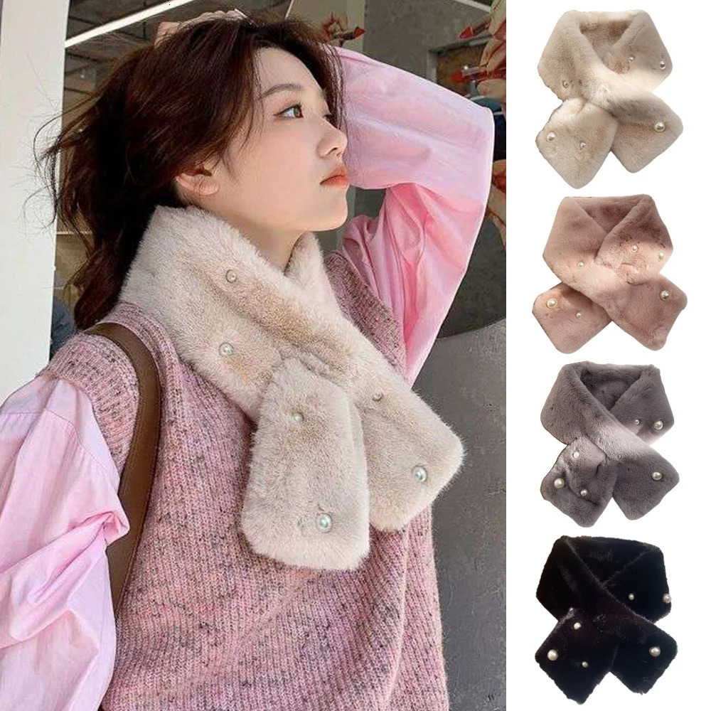 Pearl Faux Rabbit Fur Scarf Women Cute Neck Warmer Winter Warm Soft Furry Scarves Outdoor Windproof Cross Scarf Collar 251029