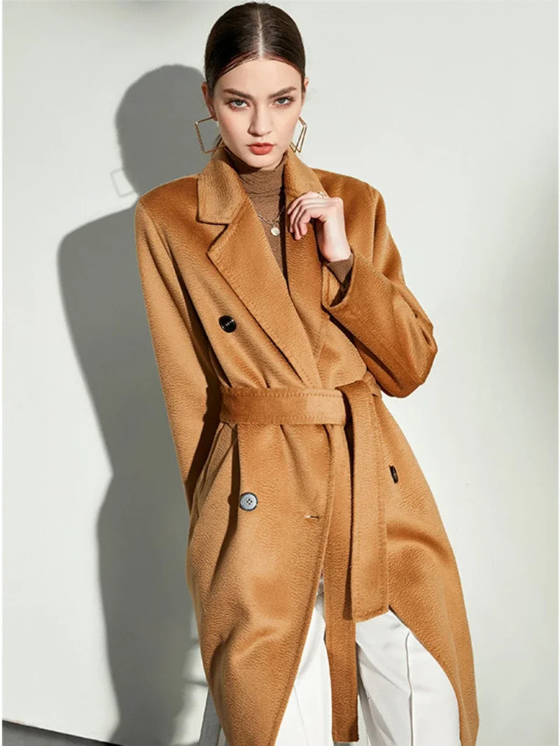 Water Ripple Doublesided Woolen Cashmere long Coat Womens Wool 948 wool 52 cashmere 251028