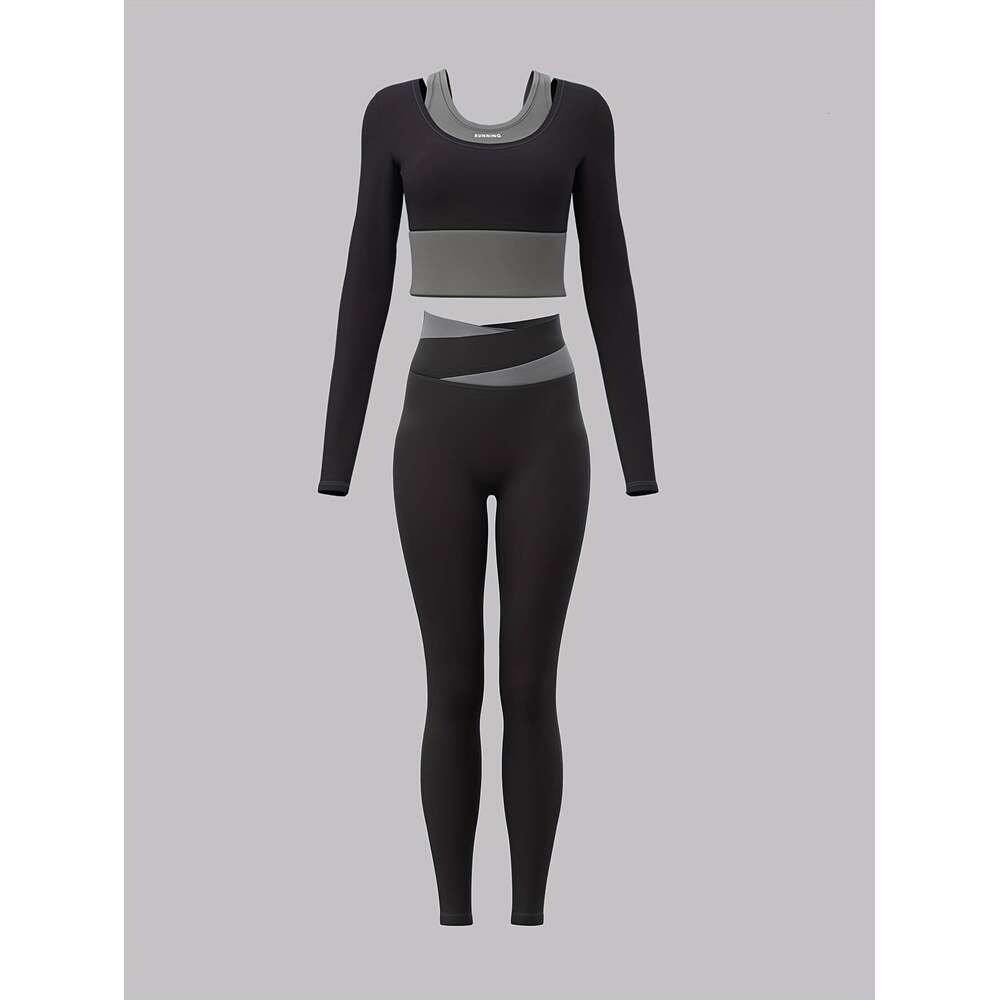 2pcs Women's suit Colorblocked design Long sleeves Built-in bra pads Matching leggings Suitable for cycling, fiess, yoga, running sports
