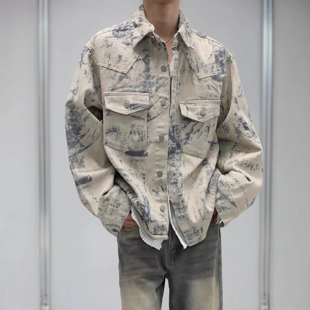 Tie-dye Lapel Denim Jacket For Men Spring And Autumn High-end Feel Stylish American High Street Niche Designer Jacket Lazy Style Top