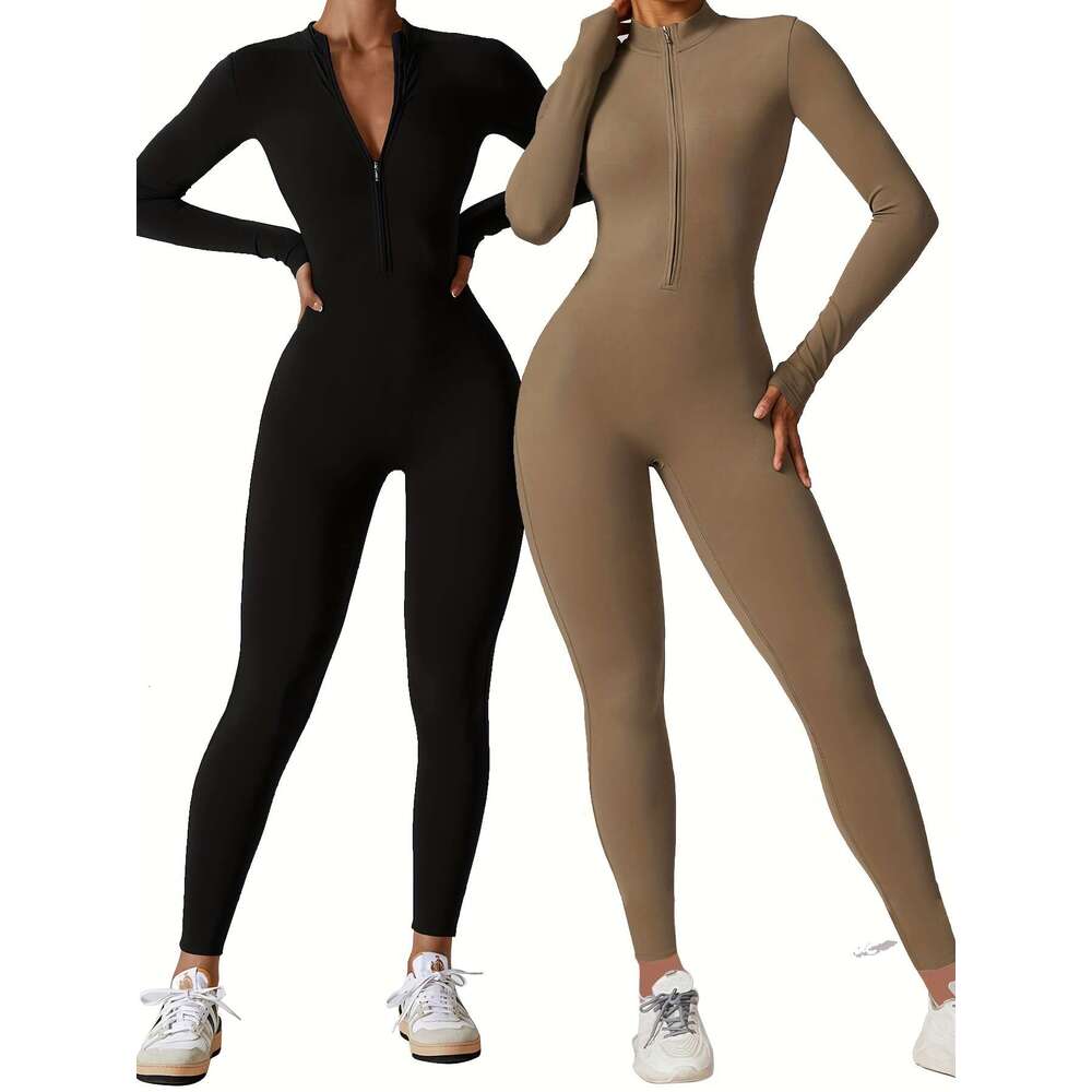 2Pcs Full-Zip Yoga Jumpsuits Full-Body Workout Bodysuits With Full-Length Zipper, High-Elasticity Full-Coverage Gym Suits For Dance, Cycling, Gymnasti