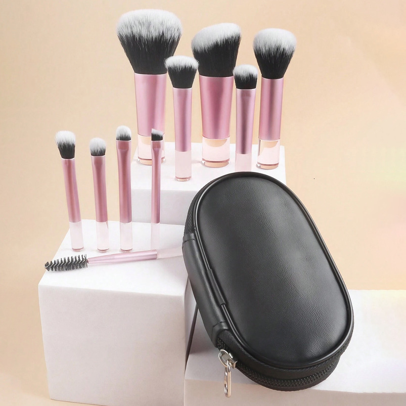 10-Piece Synthetic Fiber Makeup Brush Set Travel-Friendly Portable Kit Full-Face Brush Collection Includes PU Pouch