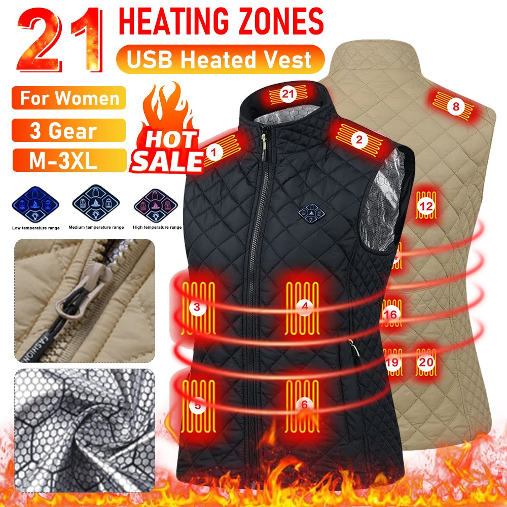 Women 21 Heating Zones Vest Autumn and Winter Electric Heated Jackets USB Heating Vest Outdoor Thermal Winter Warm Jacket M3XL 251029