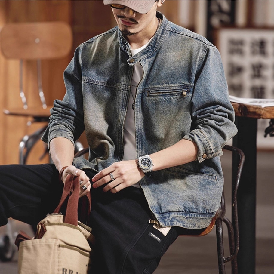 American Style Zipper Denim Jacket For Men Spring And Autumn Trendy Cool Casual Loose Washed Vintage Designer Jacket Workwear Jacket