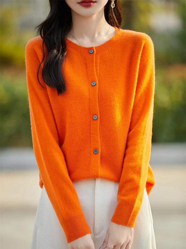 Fashion Basic Women Merino Wool Sweater Cashmere Cardigan ONeck Knitwear Slim Solid Collar Clothing Tops 251029