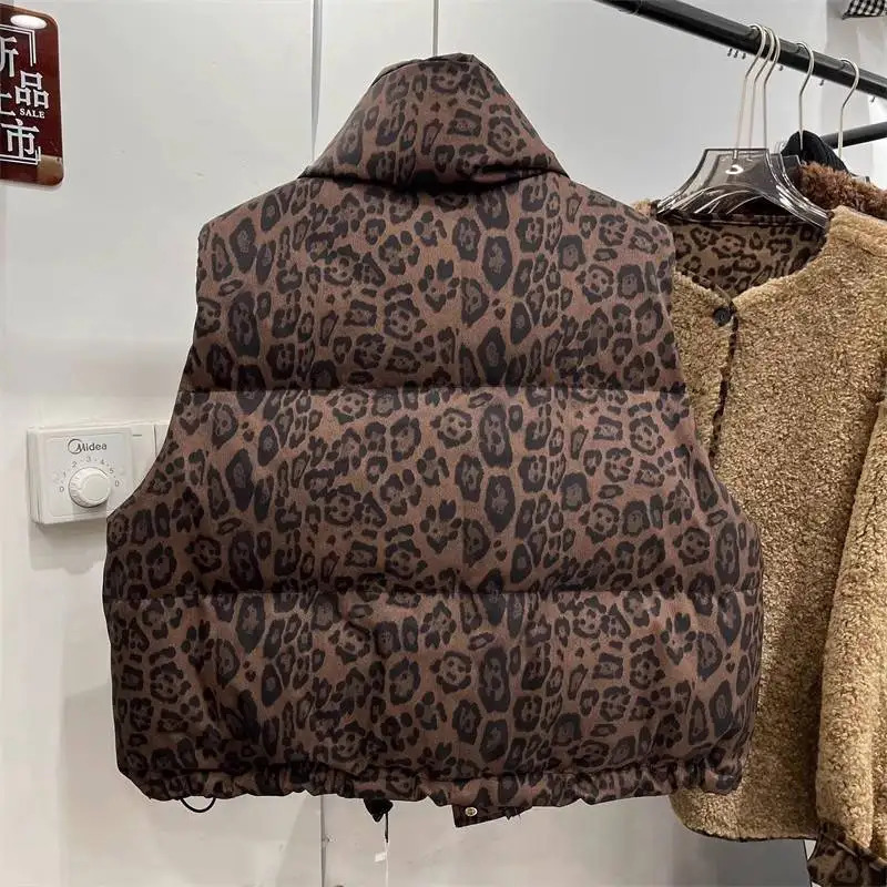 Korean Vest Womens Short Fashionable Autumn Winter Standing Collar Leopard Print Wide Jacket 251027