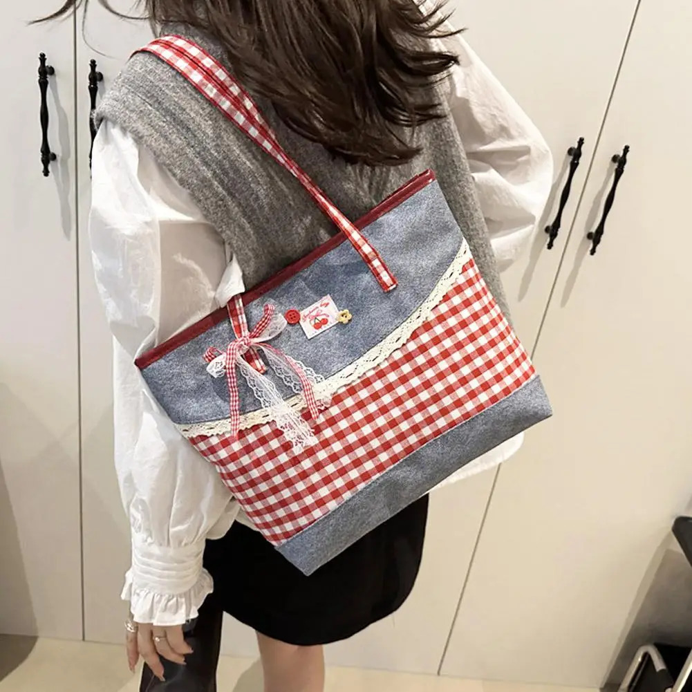 Korean Style Womens Bag Retro Lattice Casual Plaid Underarm Bag Fashionable Sweet Bowknot large capacity Shoulder Tote Bag 251029
