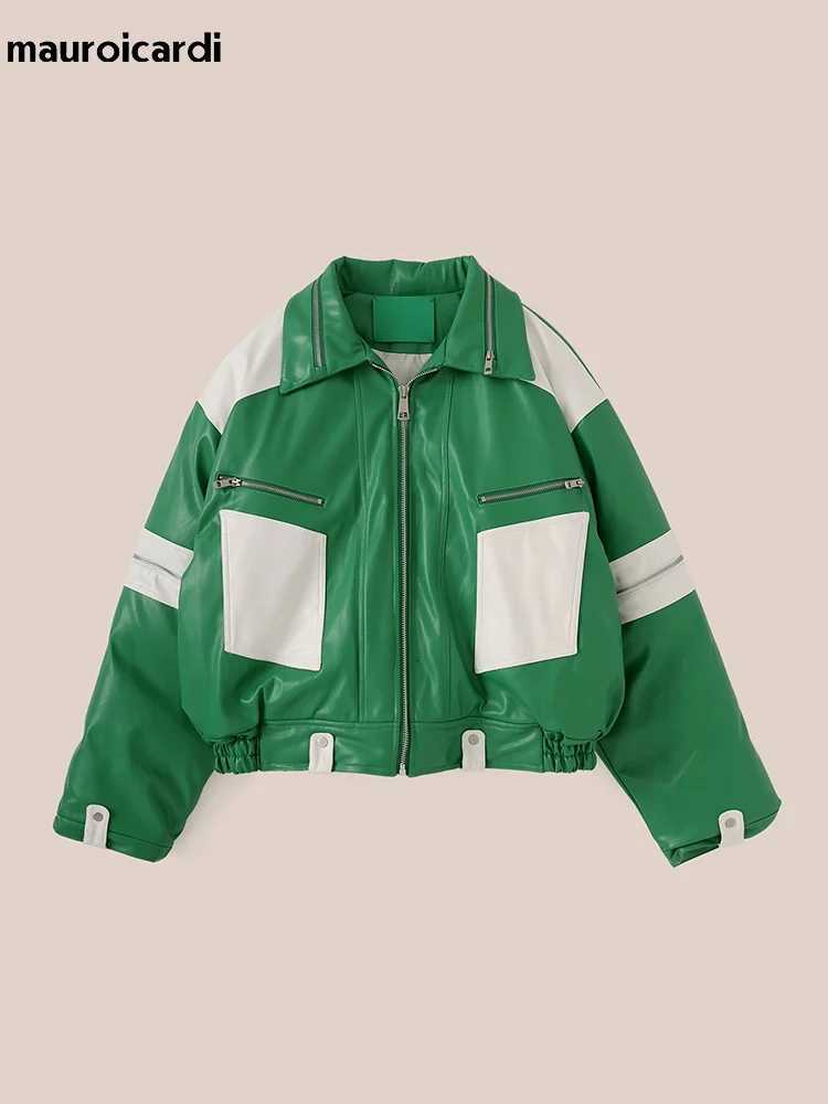 Mauroicardi Spring Autumn Oversized Green and White Patchwork Pu Leather Jacket Men with Many Zippers Luxury Designer ClothesT251029