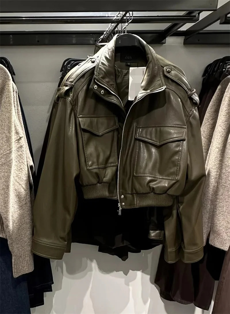 Womens Jacket Fall 2025 Dark Green Long Sleeve Faux Leather Short Jacket Biker Style Casual Fashion Personality 251029