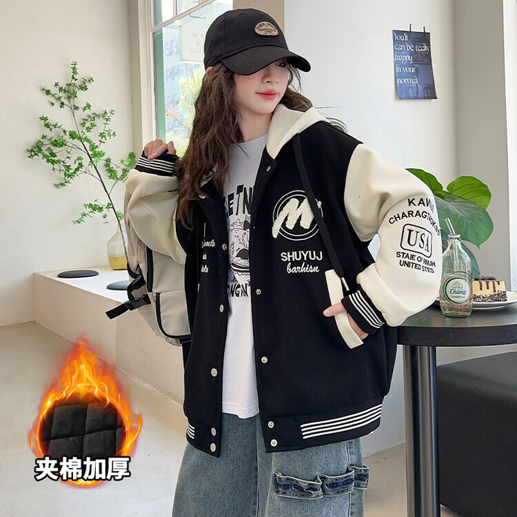 Girl designer fashionable autumn and winter jacket new Korean version loose letter color blocked hooded baseball jacket hoodie