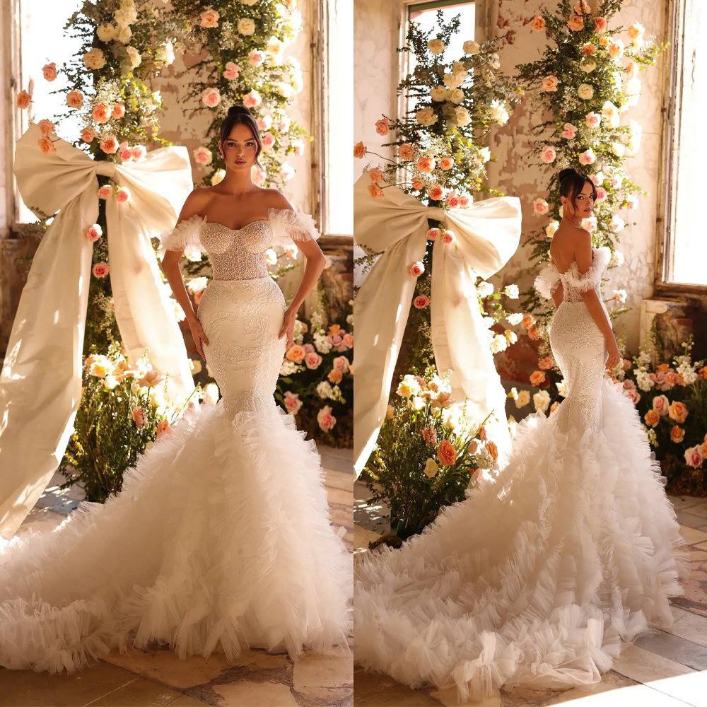 Luxury Mermaid Wedding Dress Sweetheart Neck Off Shoulder Sleeveless Bridal Gowns Sequins Ruffles Sweep Train Dresses Custom Made vestidos de novia