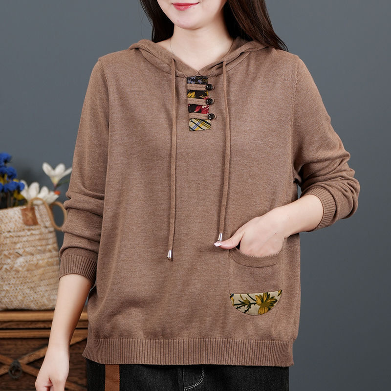 Retro designer style cotton long sleeved knitted women's sweater Spring and Autumn new hooded sweatshirt Fashion slim fit sweater