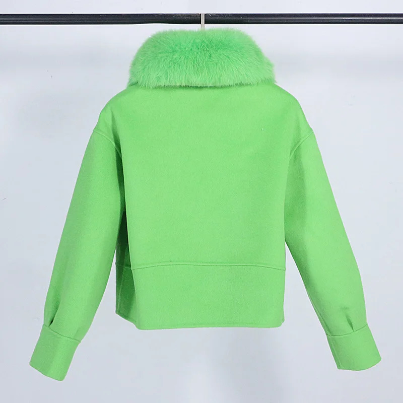 GENHUA 2025 Autumn Winter Fox Fur Collar 10 Cashmere 90 Wool Doublesided Wool Coat Womens Short Casual Loose Wool Coat 251029