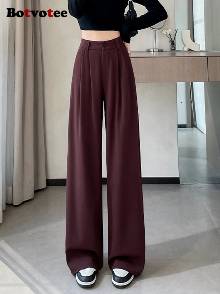 Botvotee Burgundy Suits Pants for Women Office Lady Elegant High Waist Wide Leg Fashion Trousers with Pockets Black Gray 251029