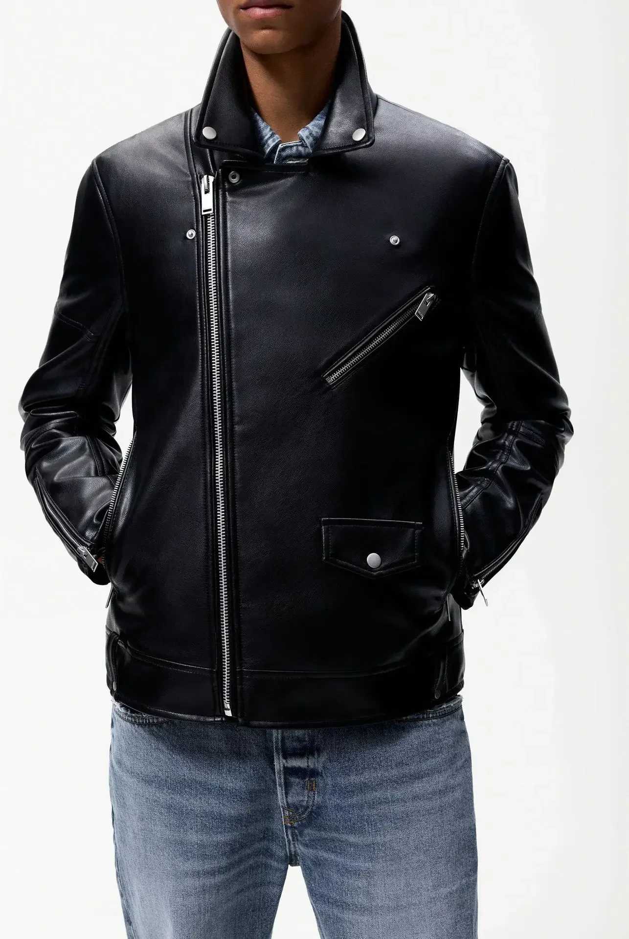 LIBIELIY Mens Autumn New Fashion Lapel Zipper Casual PU Leather Jackets Frontal Asymmetrical Design Imitation Leather Biker JT251029