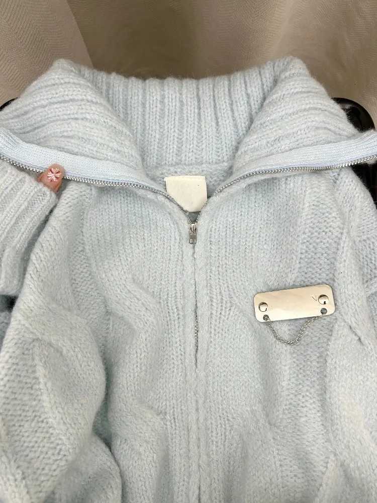 Women American Retro Blue Knitted Sweater Autumn Winter Casual Solid Y2k Cardigan Coat Ladies Sweet Fashion Outwear Tops NewT251028