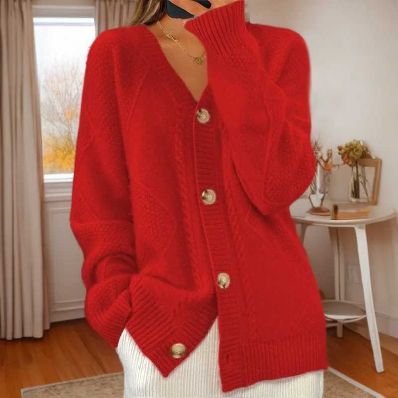 Autumn Winter Solid Color Longsleeved V Neck Knitted Cardigan Breasted Women Top Fashion Jacquard Sweater Versatile Coat FemaleT251028