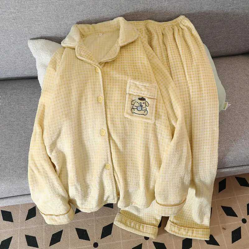 New Chikawa Flannel Thickened Winter Usagi Long Sleeved Pajama Pants Set for Women Plus Velvet Cute Blue Hachiware Home ClothesT251029