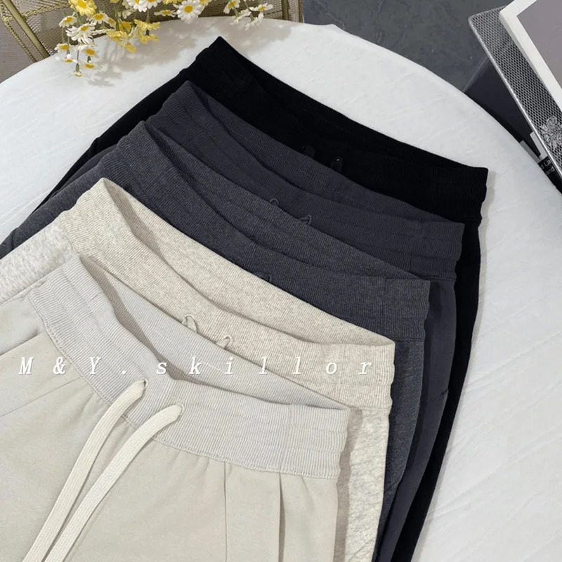 Autumn Winter Women Chic ner Cotton High Waisted Sweatpants Lady Versatile Casual Solid Wide Leg Straight Trousers 251029