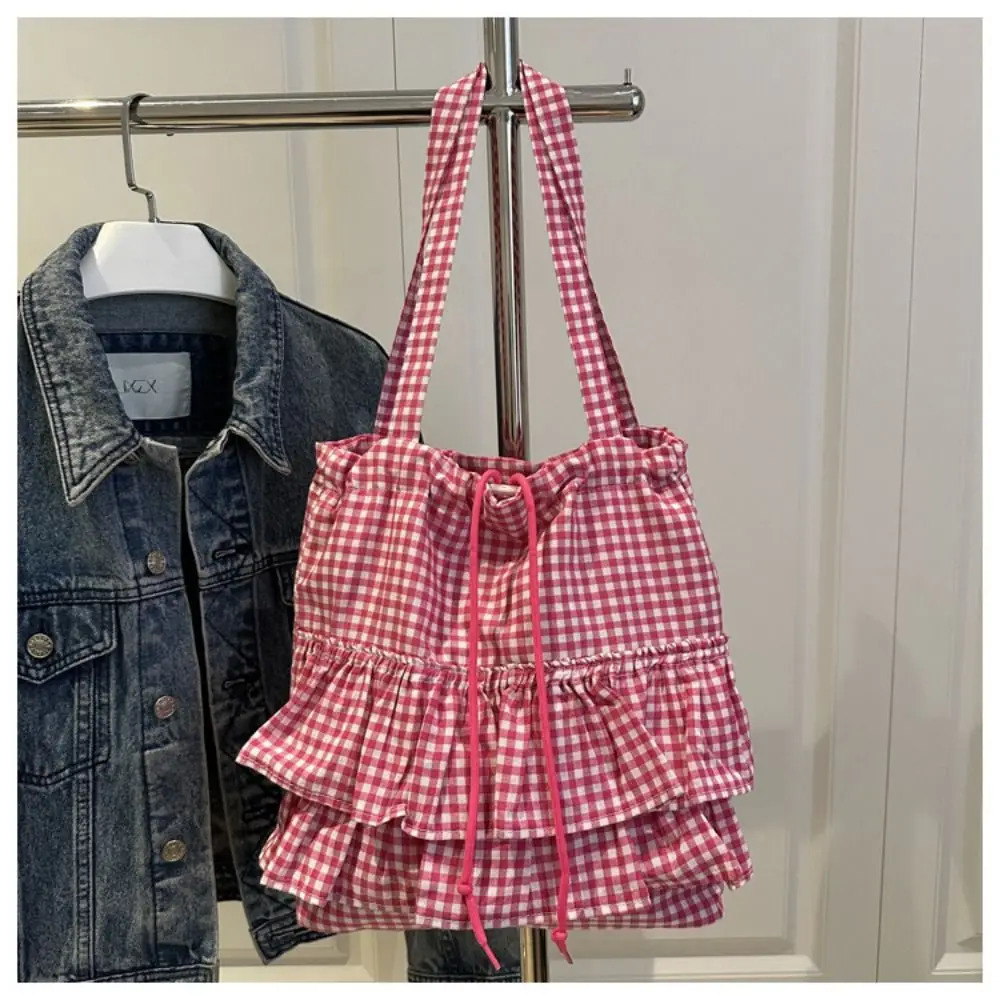 Allmatch Korean Style Lotus Leaf Shoulder Bag Large Capacity Fashion Drawstring Bag Cloth Cute Plaid Tote Bag Storage Bag 251029