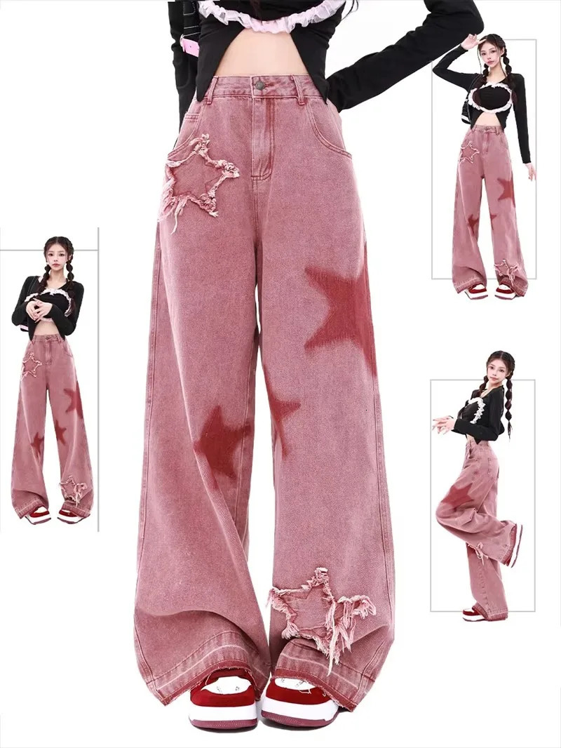 Spring Autumn Women Pants Retro Jeans Fivepoint Star Raw Edge Splicing Loose Wideleg Jeans Trendy Allmatch Mopping Pants 251029