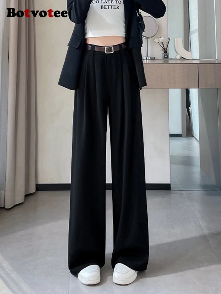 Botvotee Burgundy Suits Pants for Women Office Lady Elegant High Waist Wide Leg Fashion Trousers with Pockets Black Gray 251029