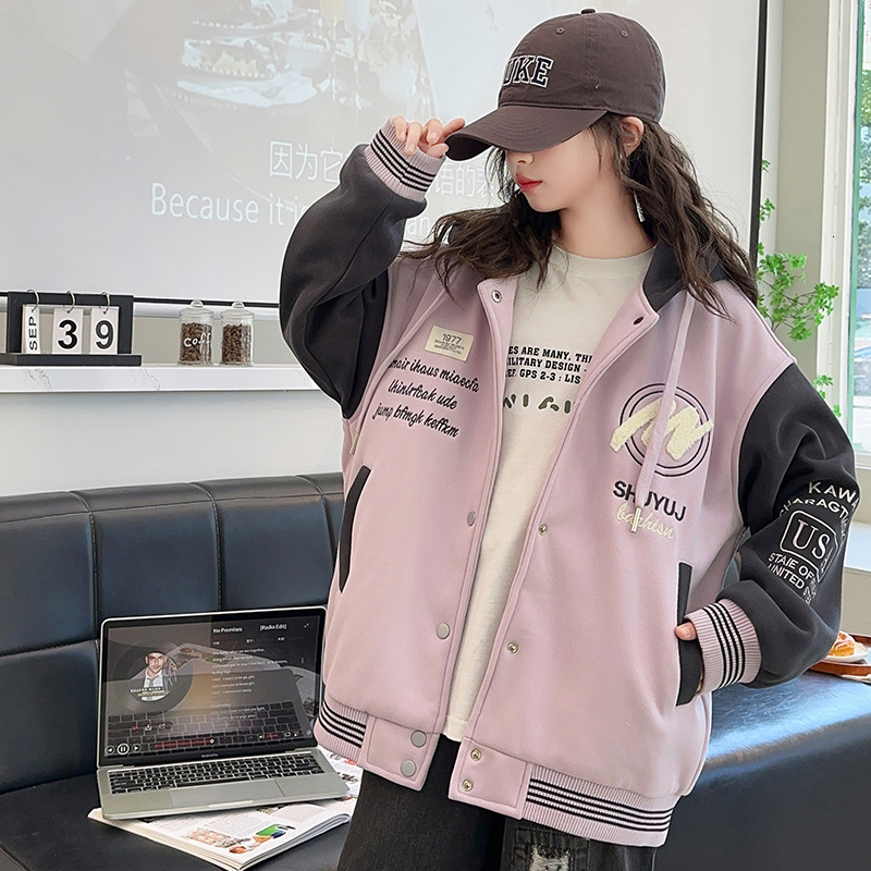 Girl designer fashionable autumn and winter jacket new Korean version loose letter color blocked hooded baseball jacket hoodie