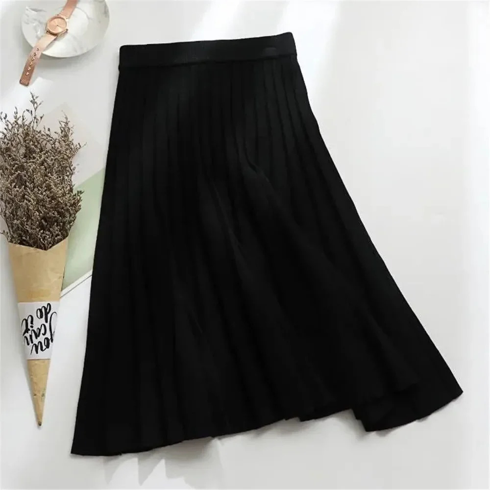 Women Knitted Midi Skirt Elegant Black ALine High Waist Pleated Long Skirt Korean 2024 Spring Autumn Winter Faldas Femme Jupes 251028