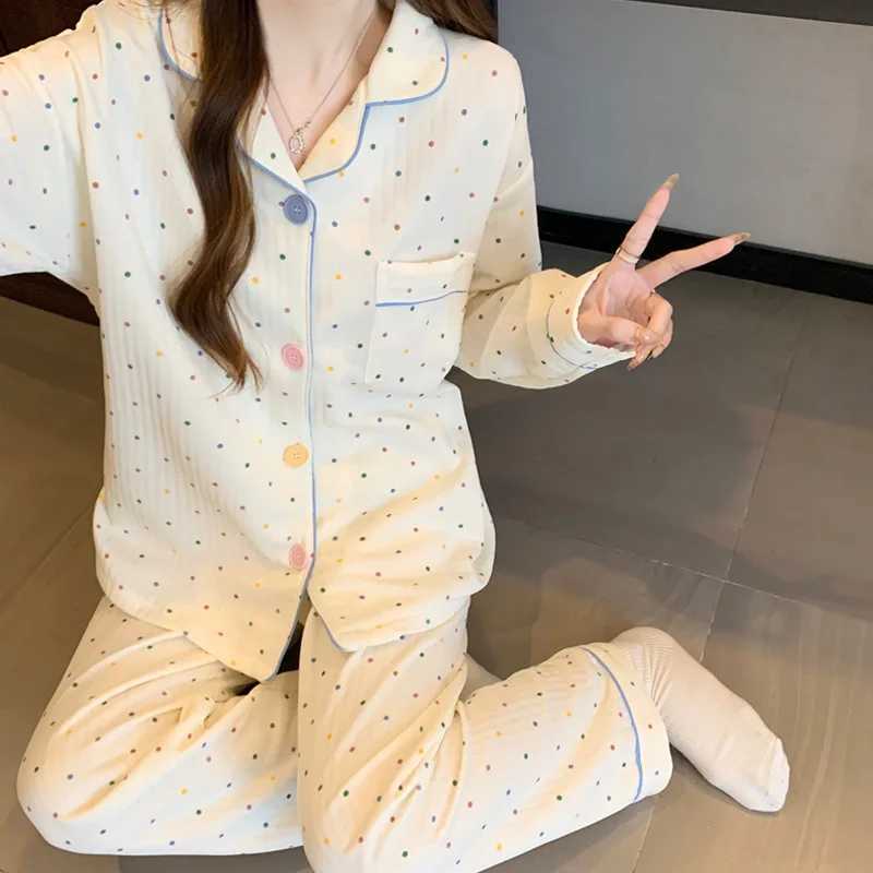Korean Style Ins Colorful Dot Air Cotton Pajamas for Women Thickened Layered Long Sleeve Homewear Set for Autumn and WinterT251029