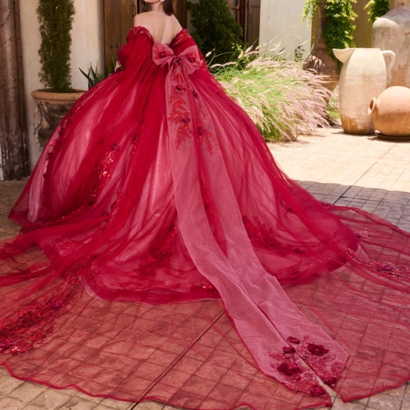 Red Ball Gown Quinceanera Dresses Off The Shoulder Applique Flower Beads Bow Tull Party Birthday Sweet 16 Dress Vestidos De 15