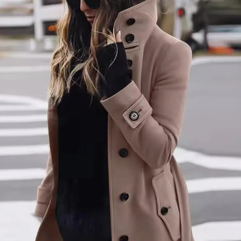 Autumn Winter Woolen Coat Womens Slim Fit Cardigan Large Coat Women Long Sleeve Single Breasted Stand Collar Trench coats 251029