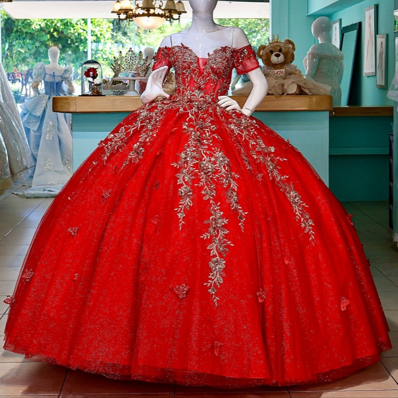 Red Shiny Quinceanera Dresses Off The Shoulder Applique Bow Beads Tull Party Birthday Sweet 16 Dress Vestidos 15 de anos