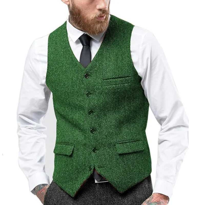 Mens Vintage Herringbone Vest Slim Fit Wool Tweed Waistcoat for PromWedding Classic Retro Style Herringbone Weave W251029