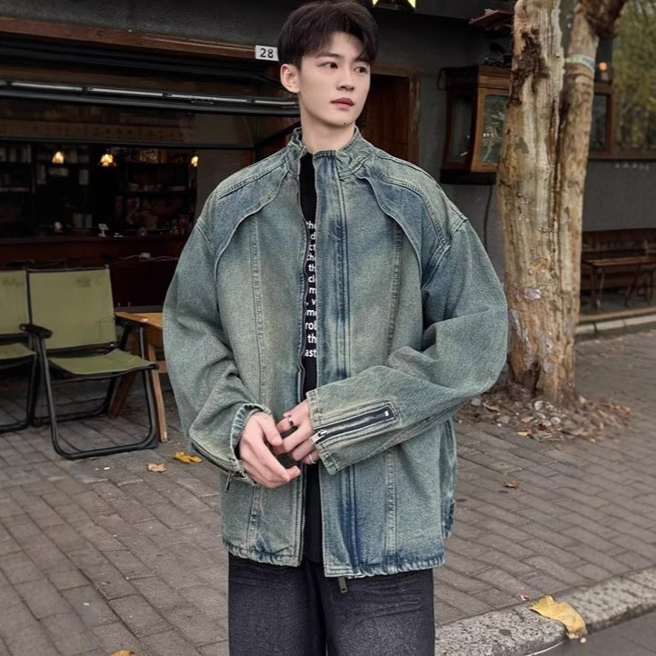 American Niche Deconstructed Washed Denim Jacket Men Spring Designer Jacket Autumn Trendy Brand High Street Oversized Loose Stand Collar Coat