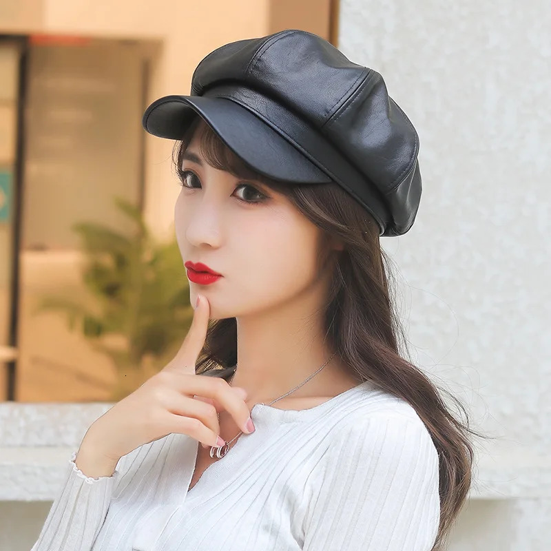 Women PU Leather Berets Cap Hat Black Red Outdoor Adjustable Female Autumn Winter Casual Lady Cap Hat For Women 251029