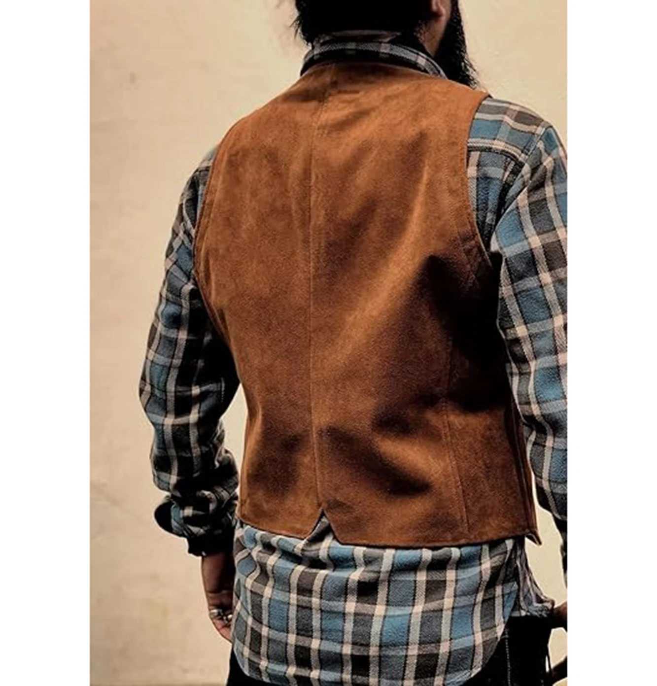 Mens Suede Leather Vest Cowhide Waistcoat Man Western Cowboy Vests with Pockets W251029