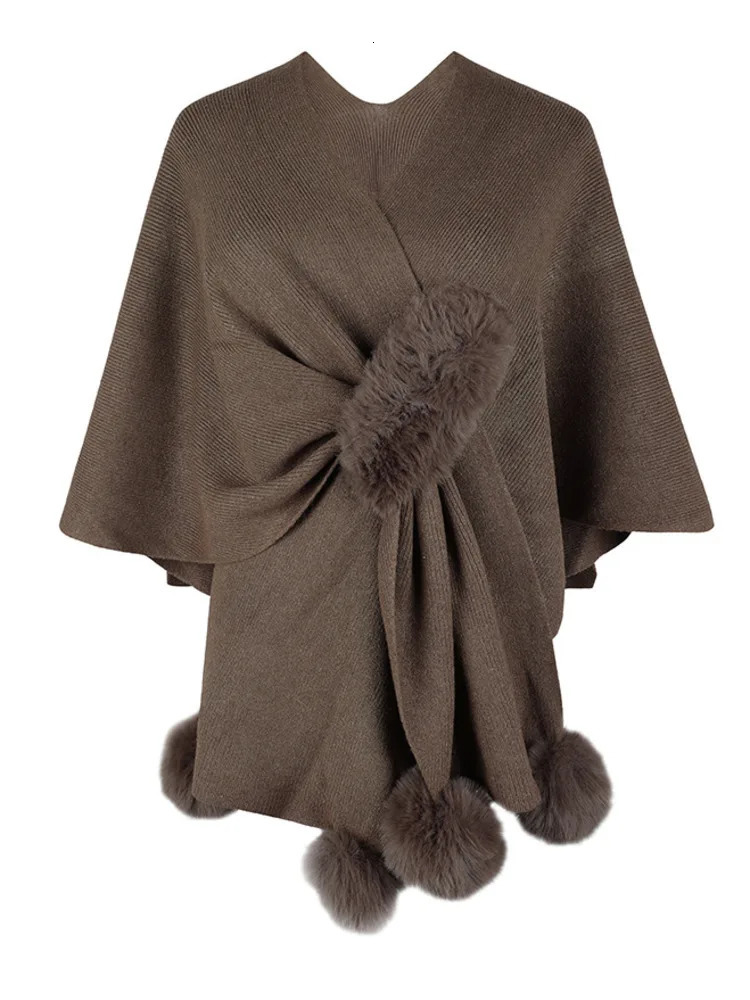 Womens Hairball Patchwork Solid Color Shawl Cardigan Autumn Winter Poncho Batwing Sleeve Sweater Cape Coats 251029