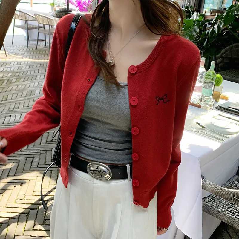 Women Sweater Cardigan Autumn Winter Bow Embroidered Knitted Coats Female Round Neck Singlebreasted Tops Lady Elegant KnitwearT251028