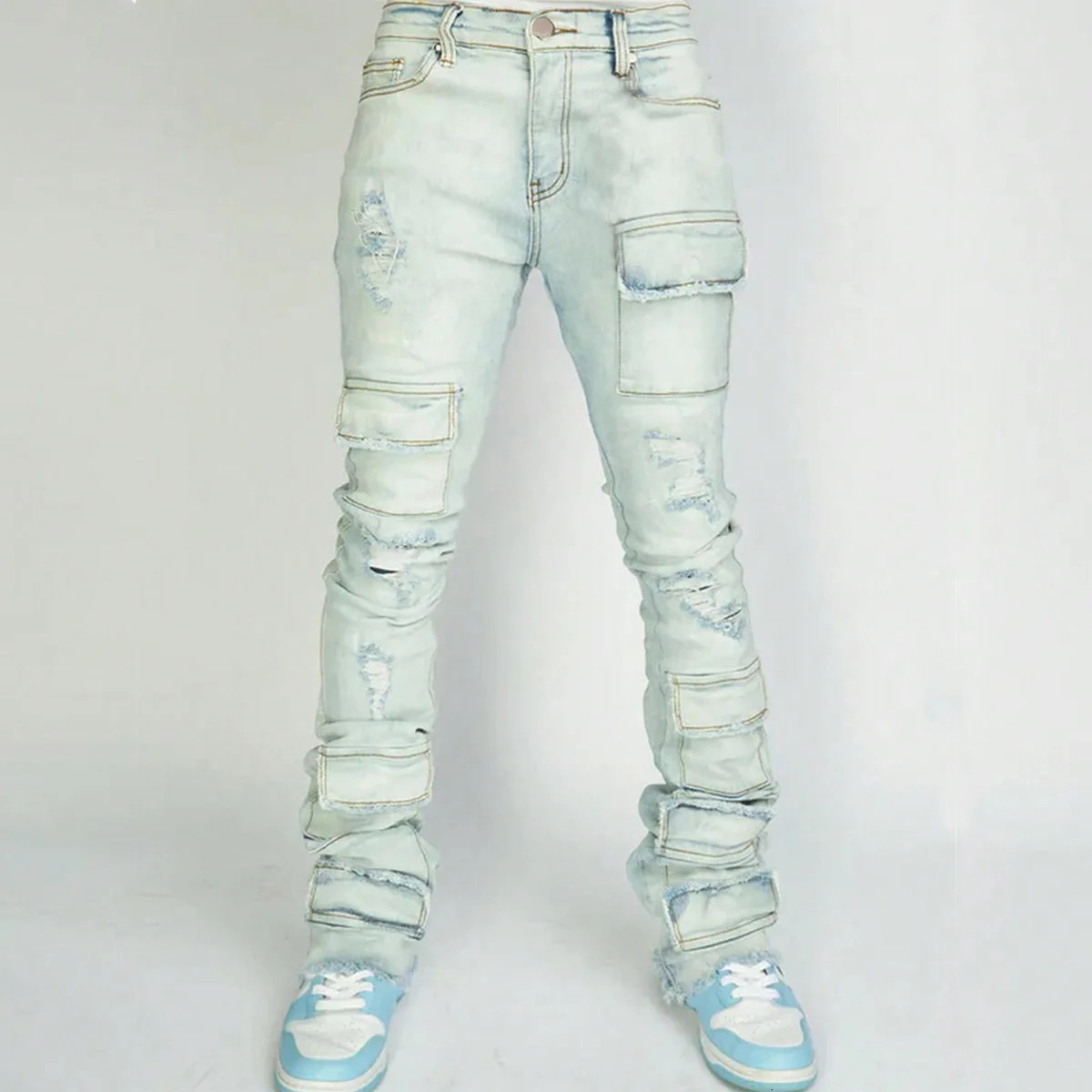 Men Jeans Long Pant Denim Flare Pants Hole Straight Trousers Slim Fit High Waist Casual Button Pocket Splice Autumn Winter 251029