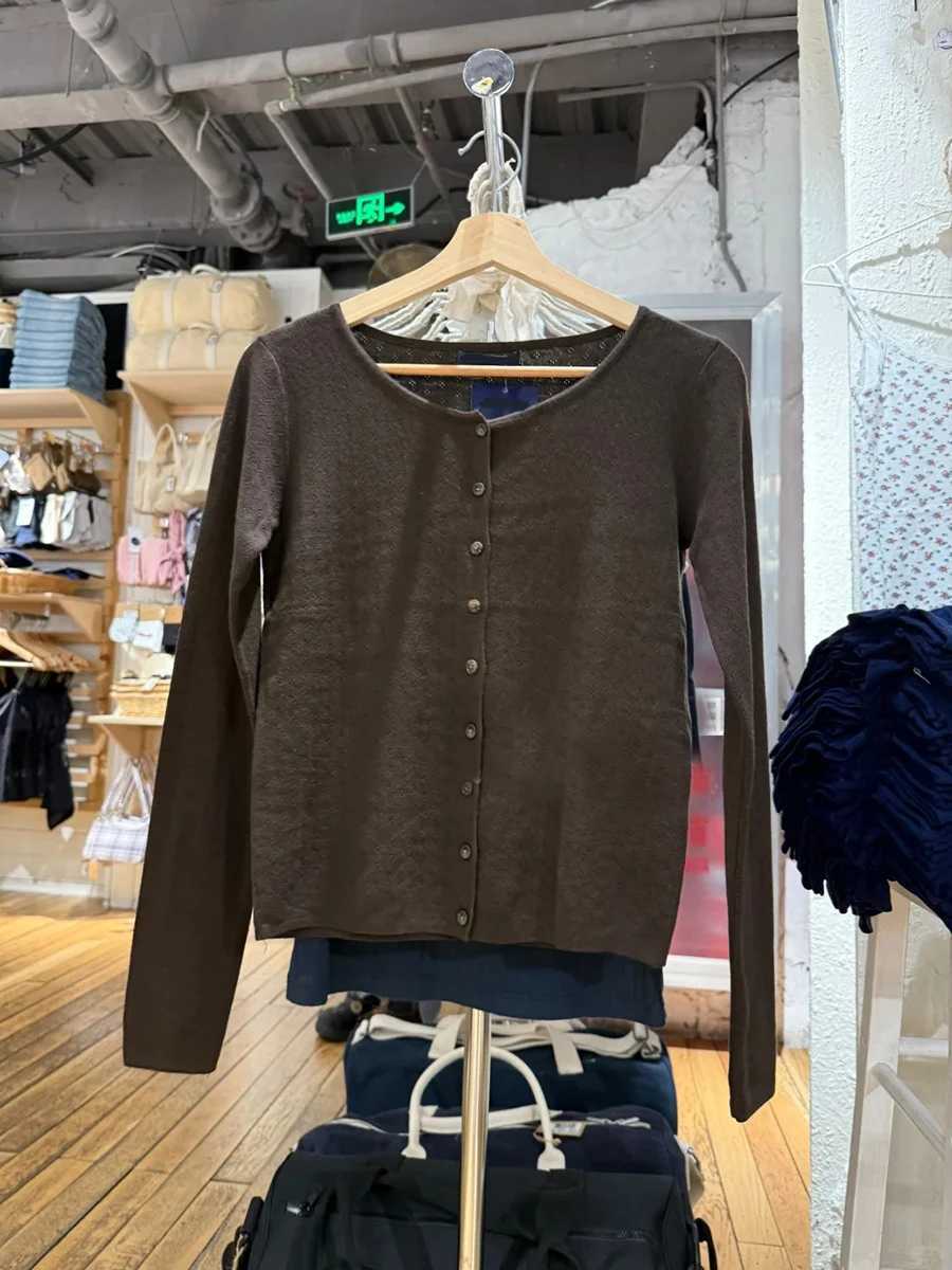 Brown Eyelet Knitted Cardigan Women Autumn New Casual Cotton Long Sleeve Sweater Coat Female Vintage Simple Basic Sweaters TopsT251028