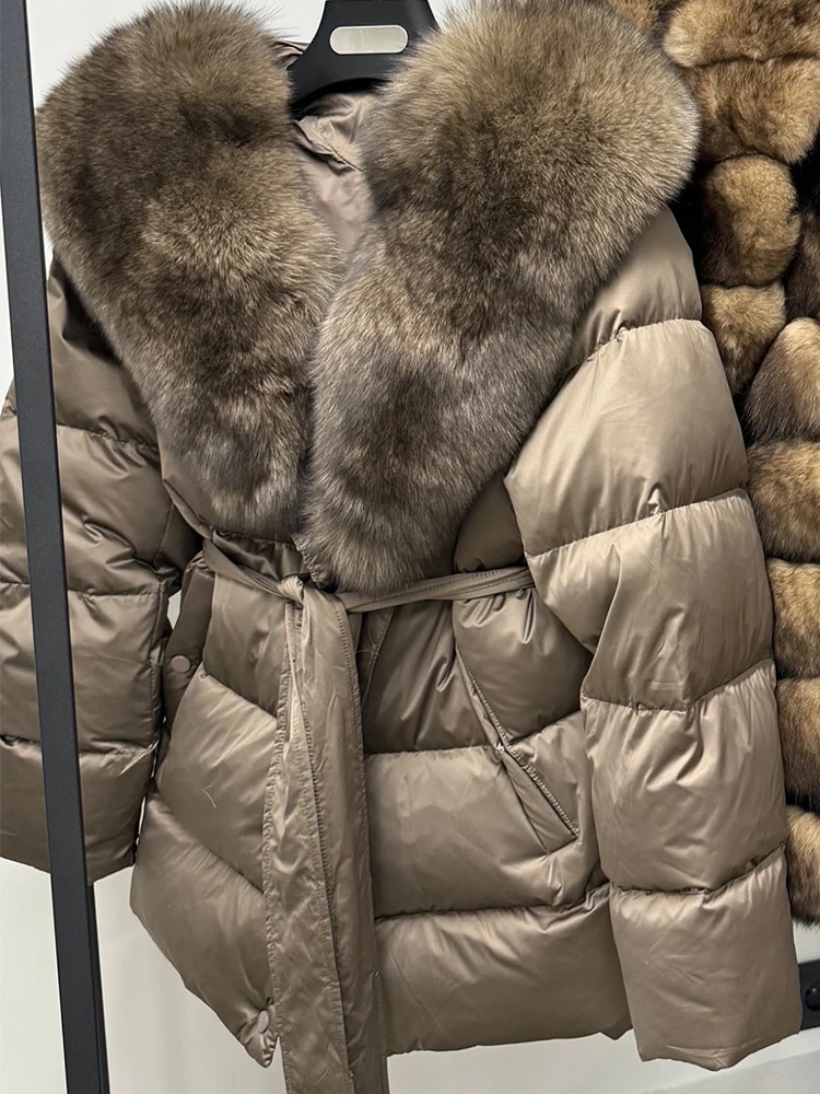 2025 Natural Thick Warm 90 White Goose Down Coat Long Winter Jacket Women Real Big Fox Fur Collar Belt Loose Puffer Parka 251029