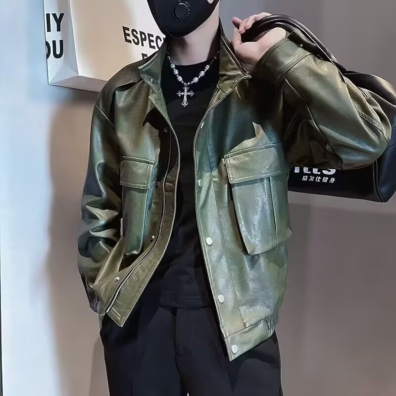 Men's Leather Jacket Spring Autumn 2025 New Slim Fit Versatile Designer Jacket Trendy Cool Motorcycle Short Workwear Casual Leather Jacket