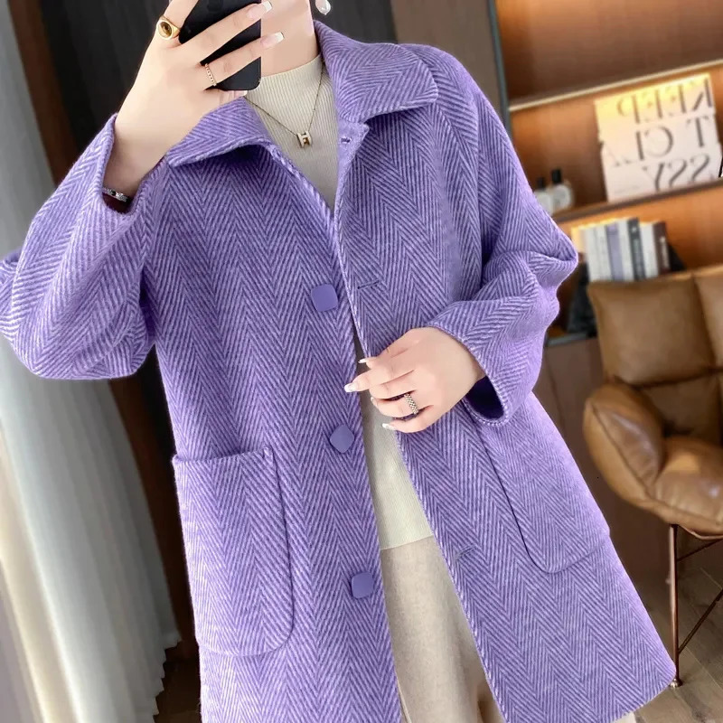 Autumn Winter Doll collar Doublesided Wool Coat Womens Fashion Medium length Slim Woolen Coats Female Single breasted 251028