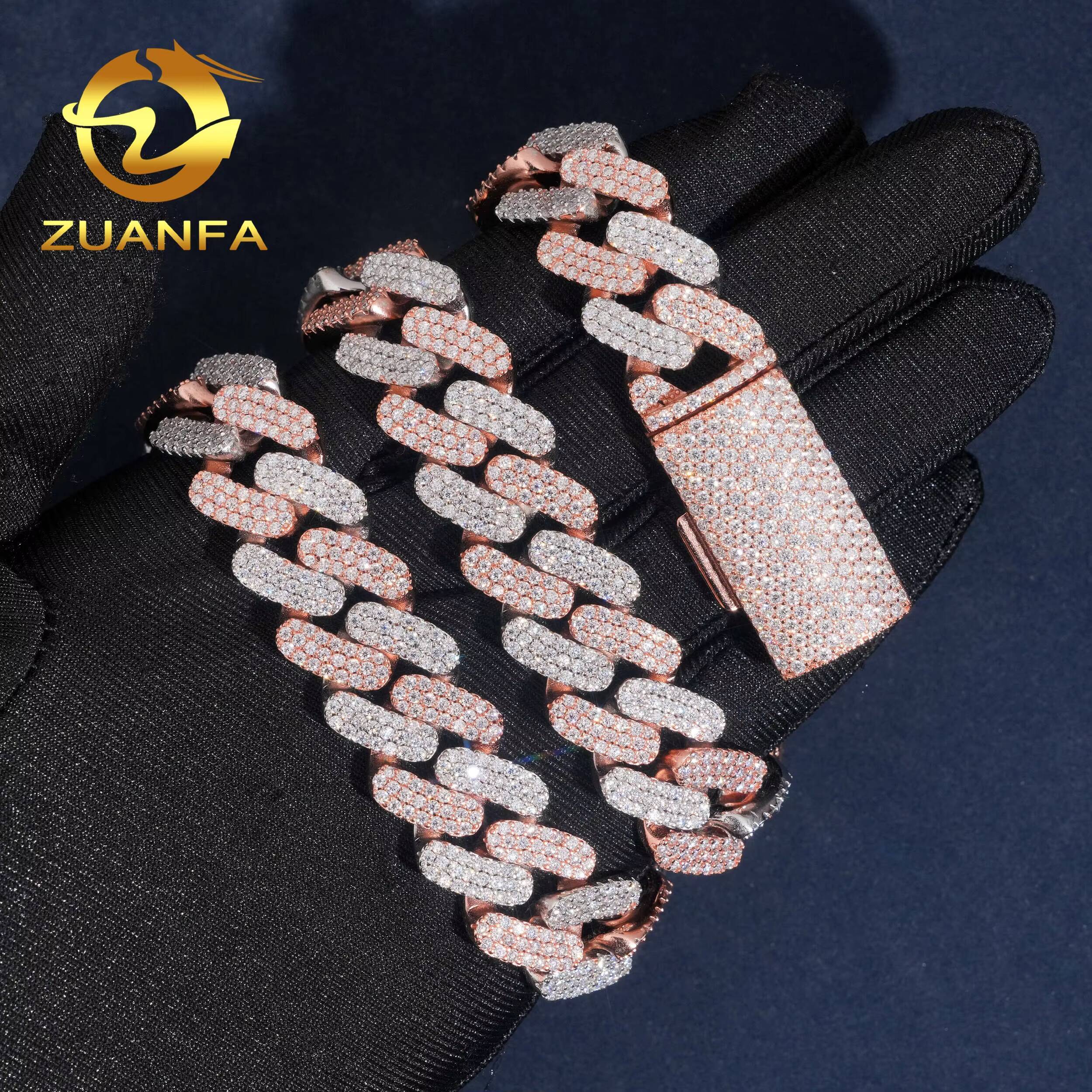 Pass Diamond Tester Iced Out Moissanite Hip Hop 16mm 3 Rows Two Tone Rose Gold 925 Sterling Silver Cuban Link Chain