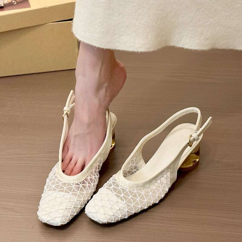 Modern Heroine Temperament Square Toe Designer Shoe Women's 2025 Spring New French Style Woven Backless Crystal Chunky Heel Non-Slip Single Shoe