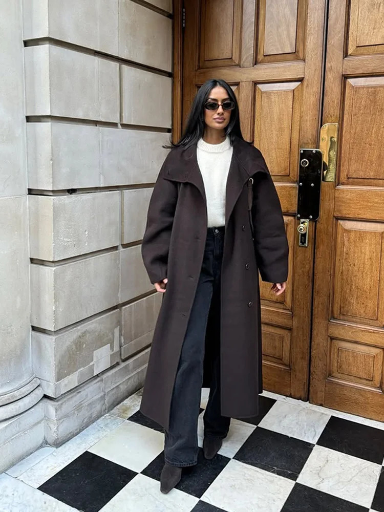 Retro Solid Stand Collar Long Tweed Coat Women Fashion Large Lapel Single Breasted Coats With Belt Lady Chic Street Outwear 251028