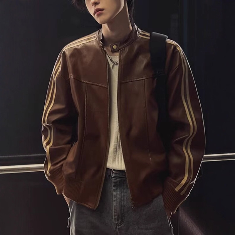 American Style Striped Patchwork Leather Jacket For Men Loose Fit Stand Collar Designer Jacket Top Motorcycle Leather Jacket For Autumn