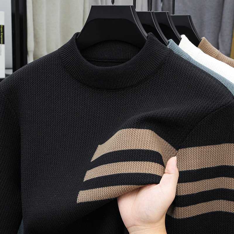Mens Autumn New Semi High Neck Long Sleeved Knitted Sweater Casual Thick Inner Layer Outer Layer Warm Base Shirt Autumn Outfit J251029